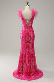 Fuchsia Mermaid Deep V Neck Sequins Long Prom Dress with Feathers