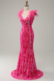 Fuchsia Mermaid Deep V Neck Sequins Long Prom Dress with Feathers