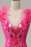 Fuchsia Mermaid Deep V Neck Sequins Long Prom Dress with Feathers