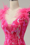 Fuchsia Mermaid Deep V Neck Sequins Long Prom Dress with Feathers