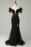 Mermaid Off the Shoulder Long Black Wedding Dress with Feather