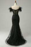 Mermaid Off the Shoulder Long Black Wedding Dress with Feather