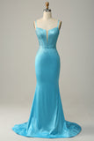 Blue Mermaid Spaghetti Straps Beaded Prom Dress