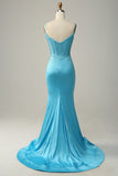 Blue Mermaid Spaghetti Straps Beaded Prom Dress