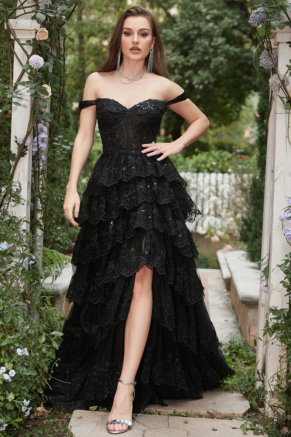 Black Off The Shoulder Tiered Tulle Long Prom Dress With Slit