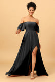 A Line Off the Shoulder Long Chiffon Bridesmaid Dress with Slit