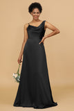 A Line Asymmetrical Neck Satin Floor Length Bridesmaid Dress