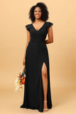 A Line V Neck Strapless Long Chiffon Bridesmaid Dress With Slit