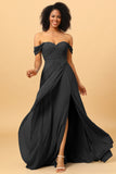 A Line Off the Shoulder Ruched Chiffon Bridesmaid Dress with Slit