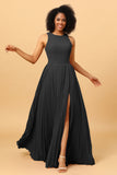 A Line High Neck Pleated Long Chiffon Bridesmaid Dress with Ruffles