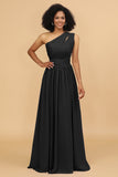 A Line One Shoulder Long Chiffon Bridesmaids Dress with Ruffles