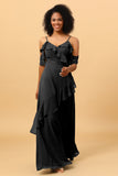 A Line Spaghetti Straps Long Chiffon Bridesmaid Dress with Ruffles