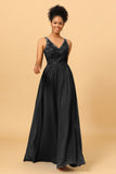 A Line V-Neck Long Chiffon Bridesmaid Dress with Lace