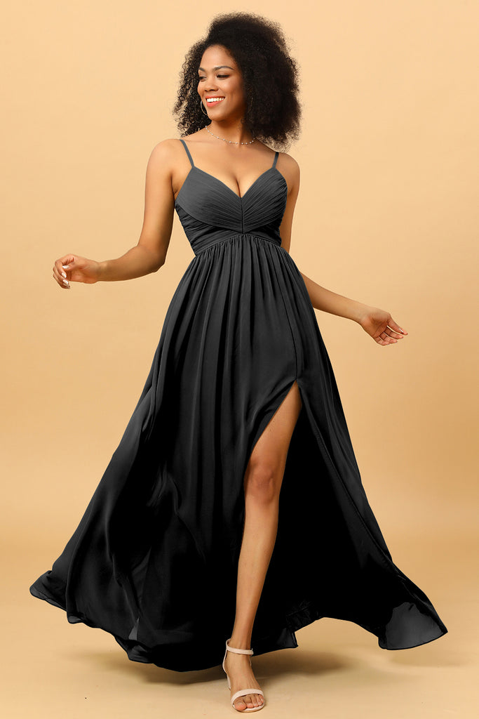 Spaghetti Strap Ruched Slit Dress