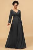 Long Sleeves V-Neck Chiffon Bridesmaid Dress with Bowknot