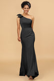 Mermaid One Shoulder Satin Long Bridesmaid Dress With Bowknot