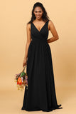 A Line V Neck Pleated Floor Length Long Chiffon Bridesmaid Dress