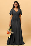 A Line V Neck Short Sleeves Chiffon Long Bridesmaid Dress