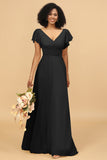 V-Neck Cape Long Floor Length Chiffon Bridesmaid Dress