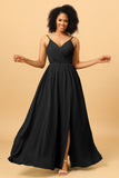 Ruched Long Floor Length Chiffon Bridesmaid Dress with Slit