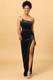 Mermaid One Shoulder Long Velvet Bridesmaid Dress with Slit