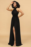 A Line Halter Ruched Floor Length Chiffon Bridesmaid Dress with Slit