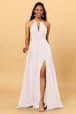 A Line Halter Open Back Long Chiffon Bridesmaid Dress With Slit