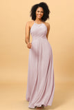 Sheath Halter Open Back Long Chiffon Bridesmaid Dress