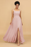 Sheath Square Neck Floor Length Chiffon Bridesmaid Dress