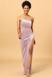 Mermaid One Shoulder Long Velvet Bridesmaid Dress with Slit