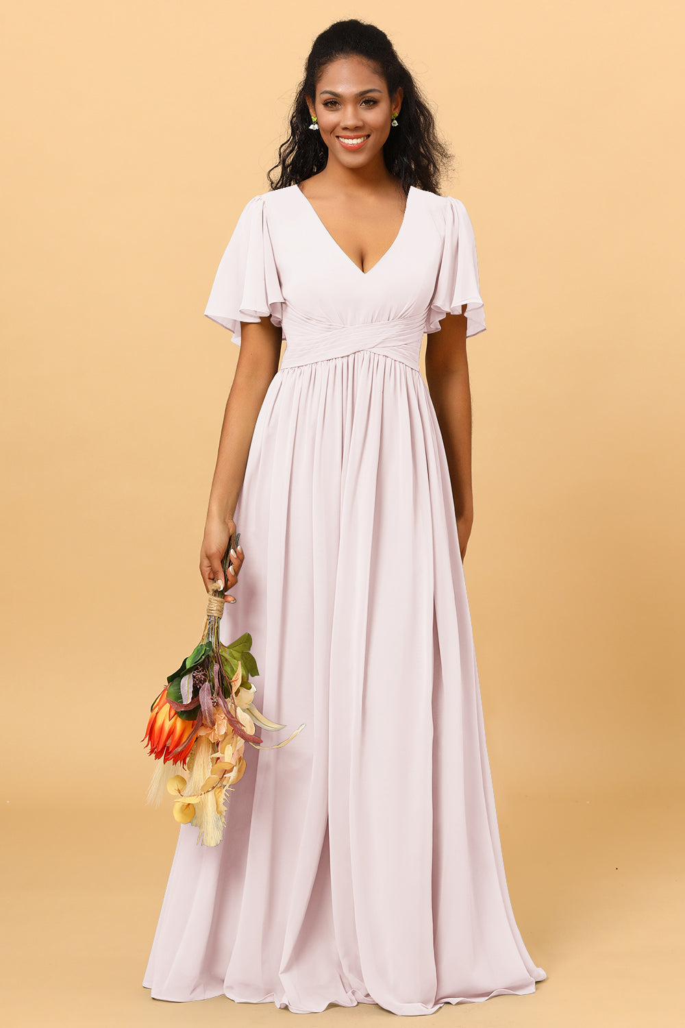 Wedtrend Women A Line V Neck Short Sleeves Floor Length Chiffon Bridesmaid Dress Formal Dress, Champagne
