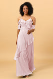 A Line Spaghetti Straps Long Chiffon Bridesmaid Dress with Ruffles