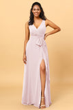 A Line V Neck Sleeveless Long Chiffon Bridesmaid Dress with Slit