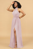 A Line Halter Ruched Floor Length Chiffon Bridesmaid Dress with Slit