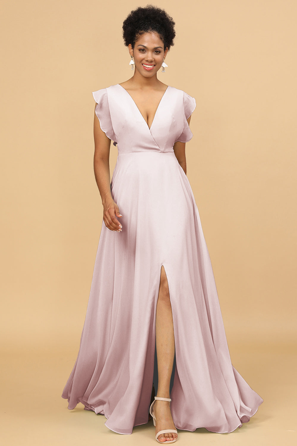 a line v neck floor length chiffon dress Orchid Bridesmaid Dress 2026 Long Chiffon Cap Sleeves A-line V-neck