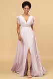 A Line V-Neck Floor Length Chiffon Bridesmaid Dress with Slit