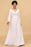 Long Sleeves V-Neck Chiffon Bridesmaid Dress with Bowknot