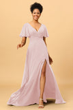 A Line V-Neck Long Chiffon Bridesmaid Dress with Slit