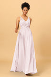 A Line V-Neck Long Chiffon Bridesmaid Dress with Lace