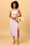 Sheath Spaghetti Straps Midi Chiffon Bridesmaid Dress with Slit