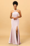 Mermaid Halter Long Chiffon Bridesmaid Dress with Slit