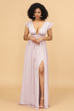 A Line Deep V-Neck Long Chiffon Bridesmaid Dress with Slit