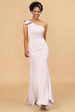 Mermaid One Shoulder Satin Long Bridesmaid Dress With Bowknot