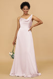 A Line Asymmetrical Neck Satin Floor Length Bridesmaid Dress