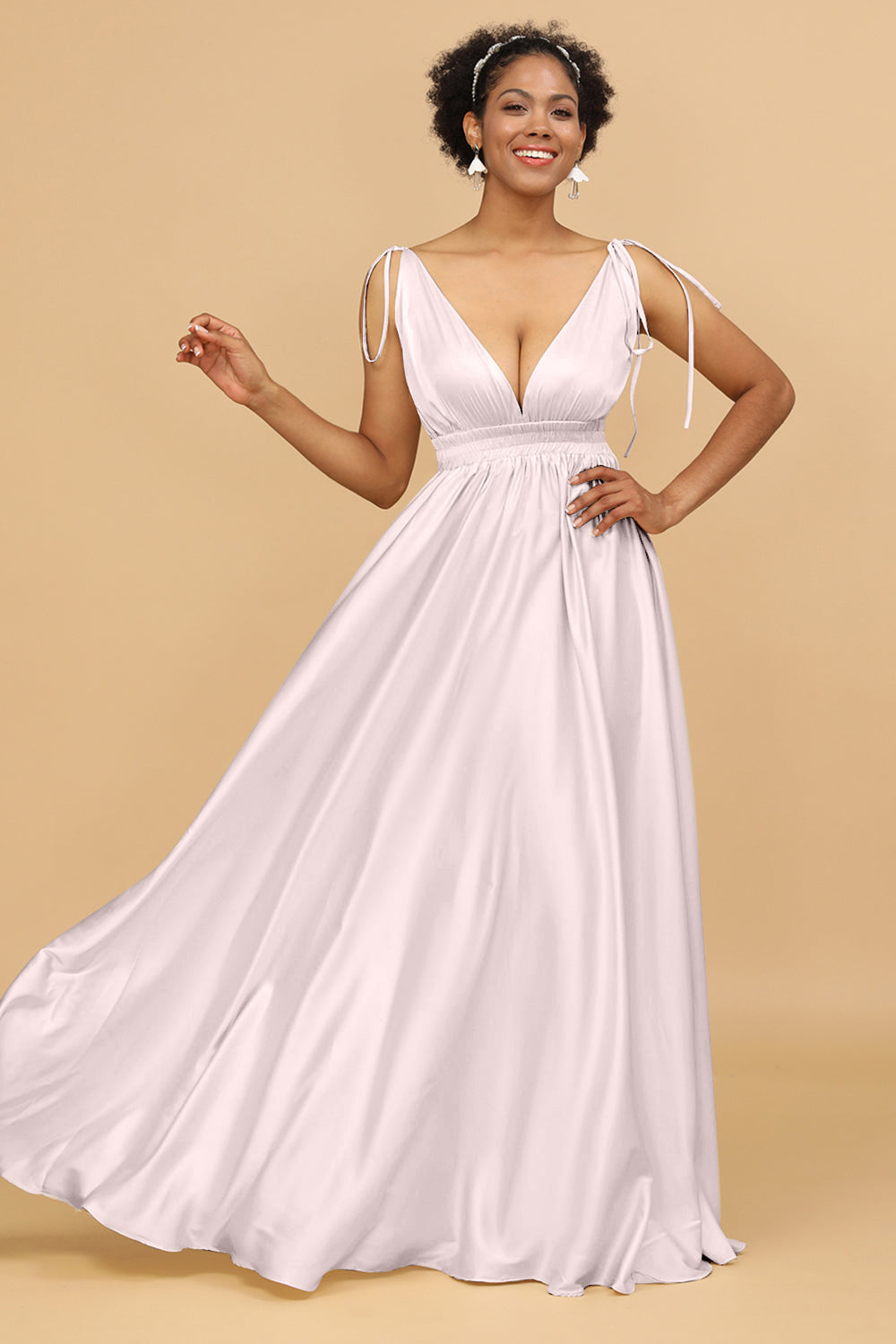 A Line Deep V-Neck Backless Floor Length Bridesmaid Dress