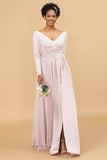 A Line V-Neck Long Sleeves Chiffon Bridesmaid Dress with Slit