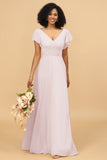 V-Neck Cape Long Floor Length Chiffon Bridesmaid Dress