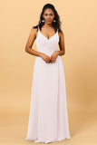 A Line V Neck Spaghetti Straps Floor Length Long Chiffon Bridesmaid Dress