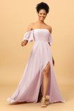 A Line Off the Shoulder Long Chiffon Bridesmaid Dress with Slit