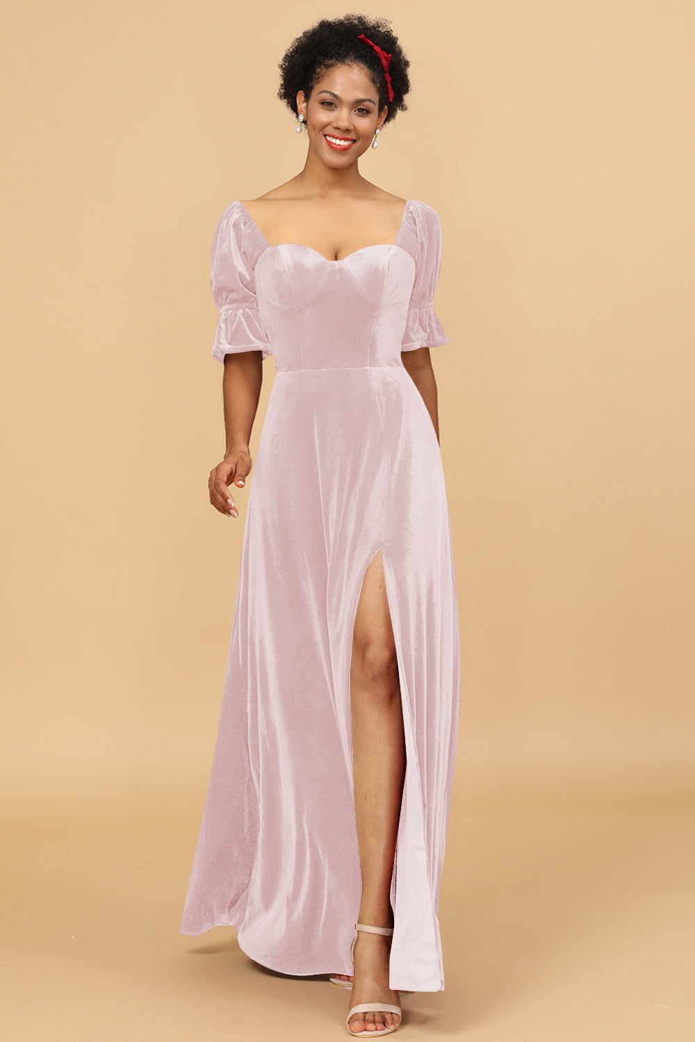 A Line Sweetheart Flare Sleeves Velvet Bridesmaid Dress with Slit